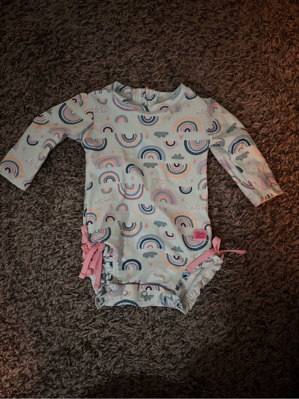 Ruffle Butts Long-Sleeve Rainbow Print Swim Bodysuit - Pink & Blue